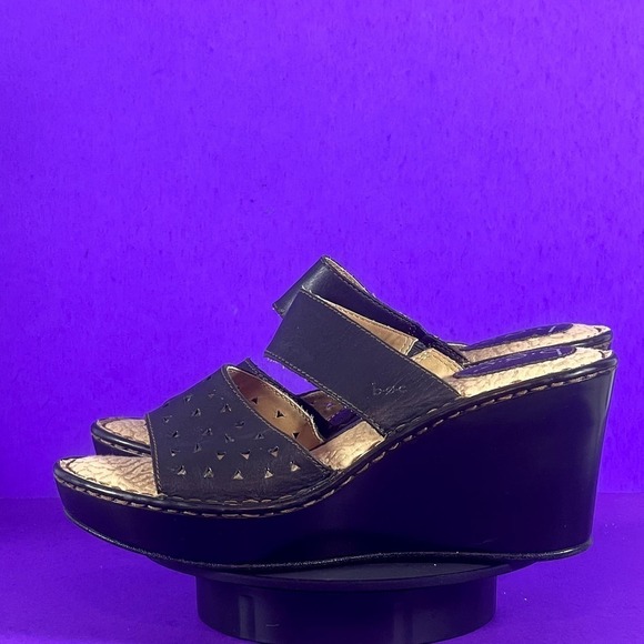 Born Concept Black Leather Double Strap Wedge Sandals Women's Shoe Size 10 - Picture 4 of 8